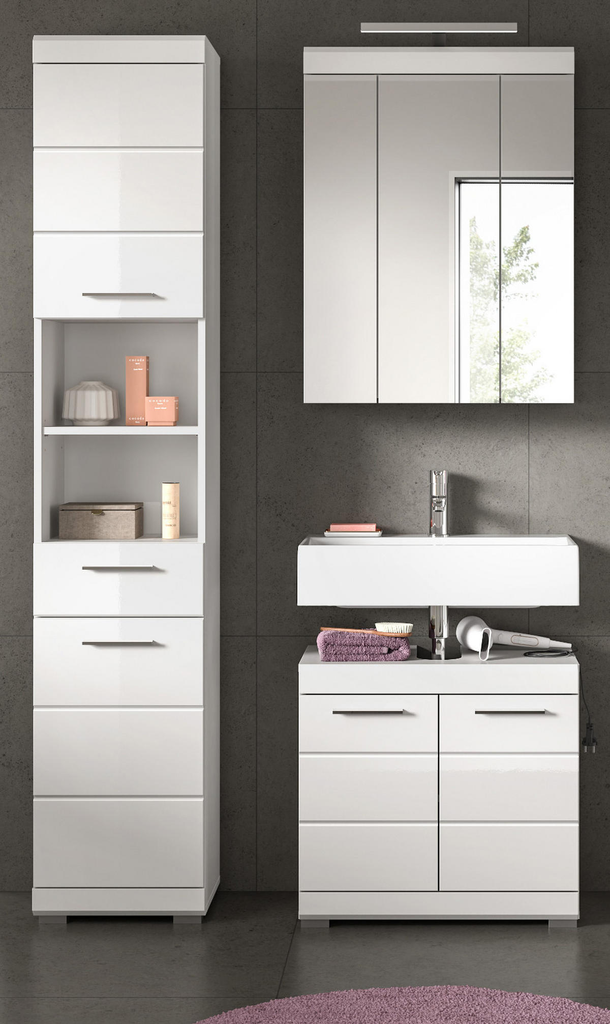 BADMÖBEL-SET weiß Hochglanz 3-teilig 112 cm, Komplettset mit viel Stauraum - Weiß Hochglanz, Glas/Holzwerkstoff (112/191/34cm) - Inn.Furn