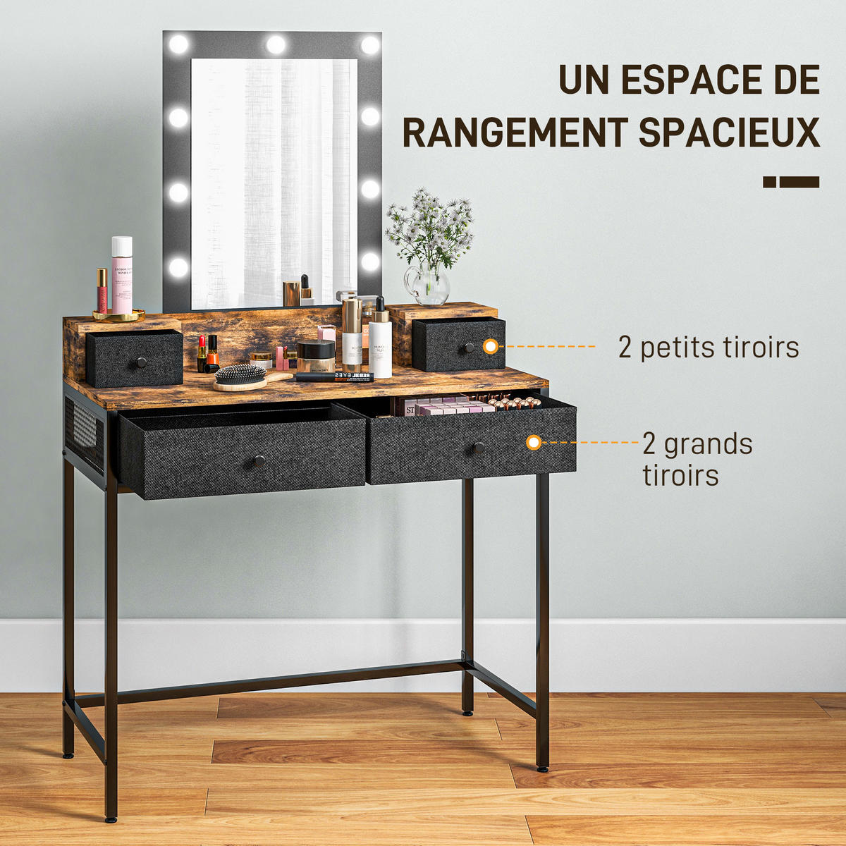 SCHMINKTISCH DE-18291 Dunkles Holz/Schwarz - Braun, Holzwerkstoff (40/148/90cm) - ComfortXL