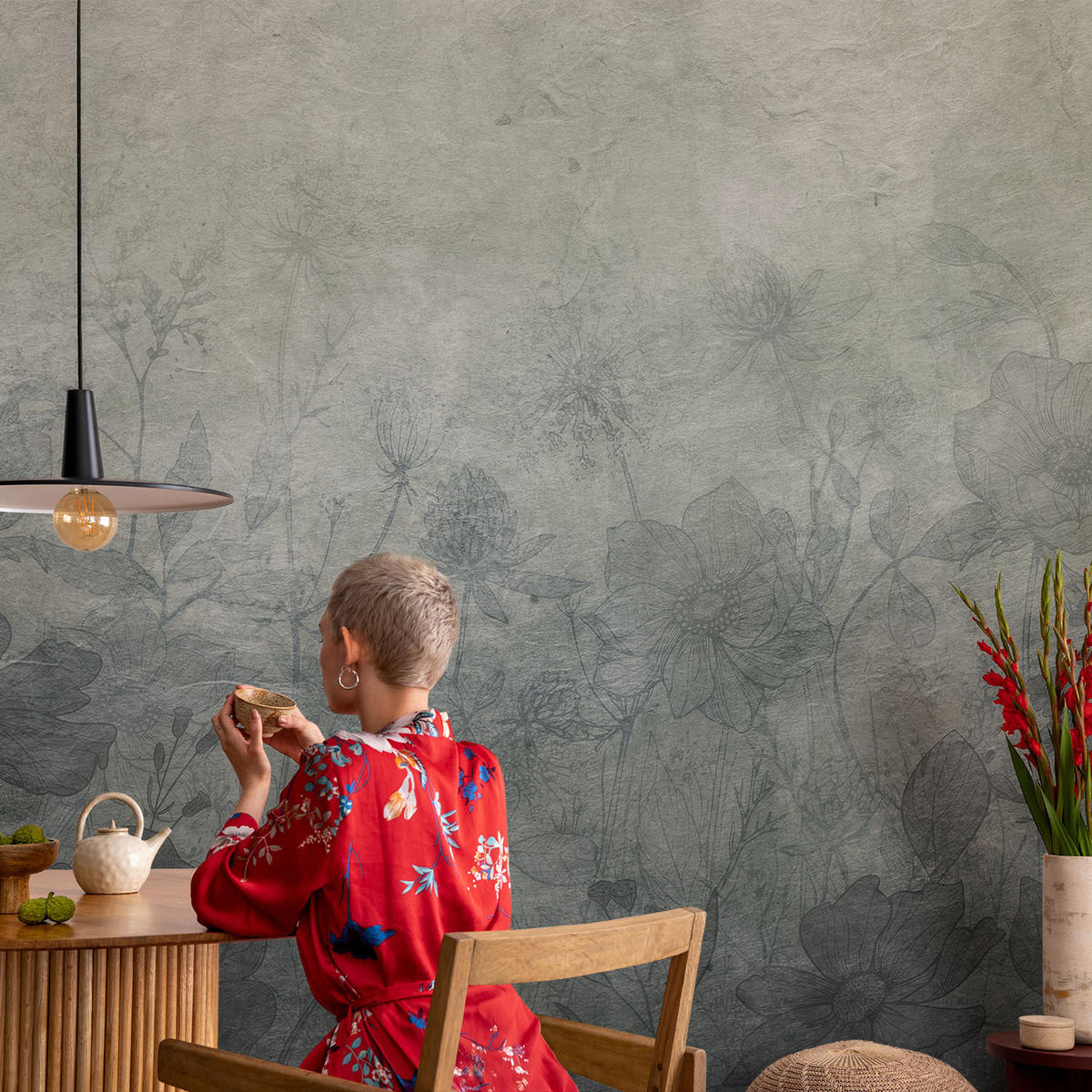 FOTOTAPETE 104x70 cm - Pflanzeneleganz - Grau, Textil (104/70cm) - Wallfluent