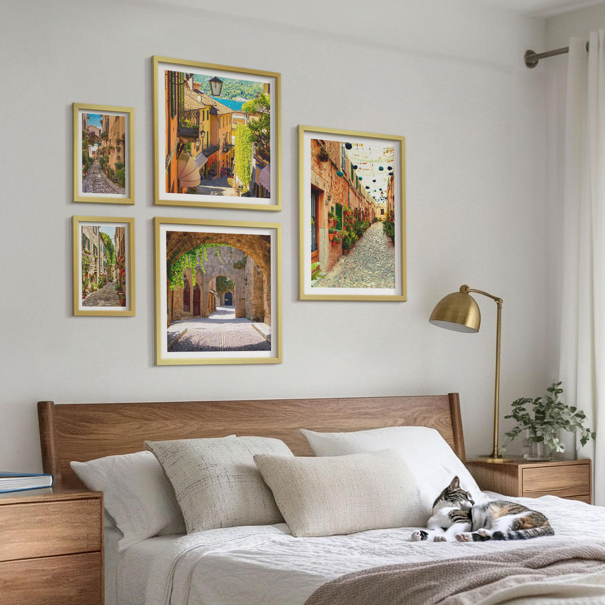 BILDER SET 5er Set - 50x50 cm & 20x30 cm & 40x60 cm Goldrahmen - Italienische Straßen, Blumen, Architektur - Goldfarben, Kunststoff (40/60cm) - TULUP