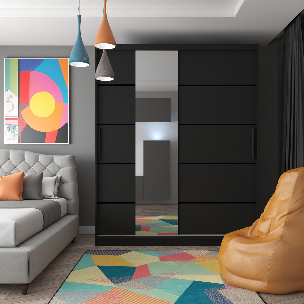 SCHWEBETÜRENSCHRANK Verona MBP, Schwarz Matt, 158 cm, mit Spiegel - Schwarz, Holz (158/216/60cm) - B BELINI GROUP