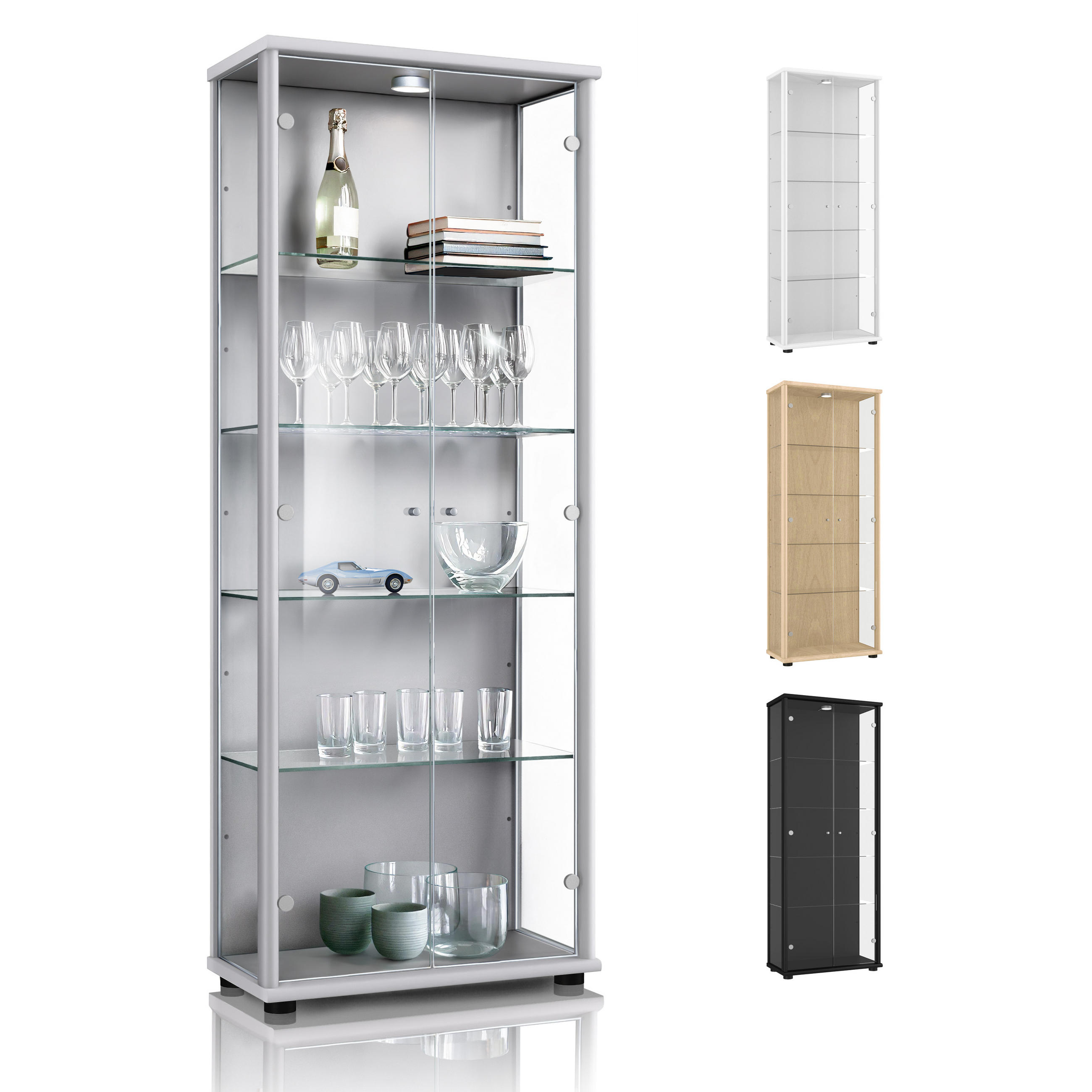 GLASVITRINE 33/67/176 cm mit LED & 4 höhenverstellbaren Glasböden - Transparent/Silberfarben, Glas/Holzwerkstoff (67/176/33cm) - K-Möbel