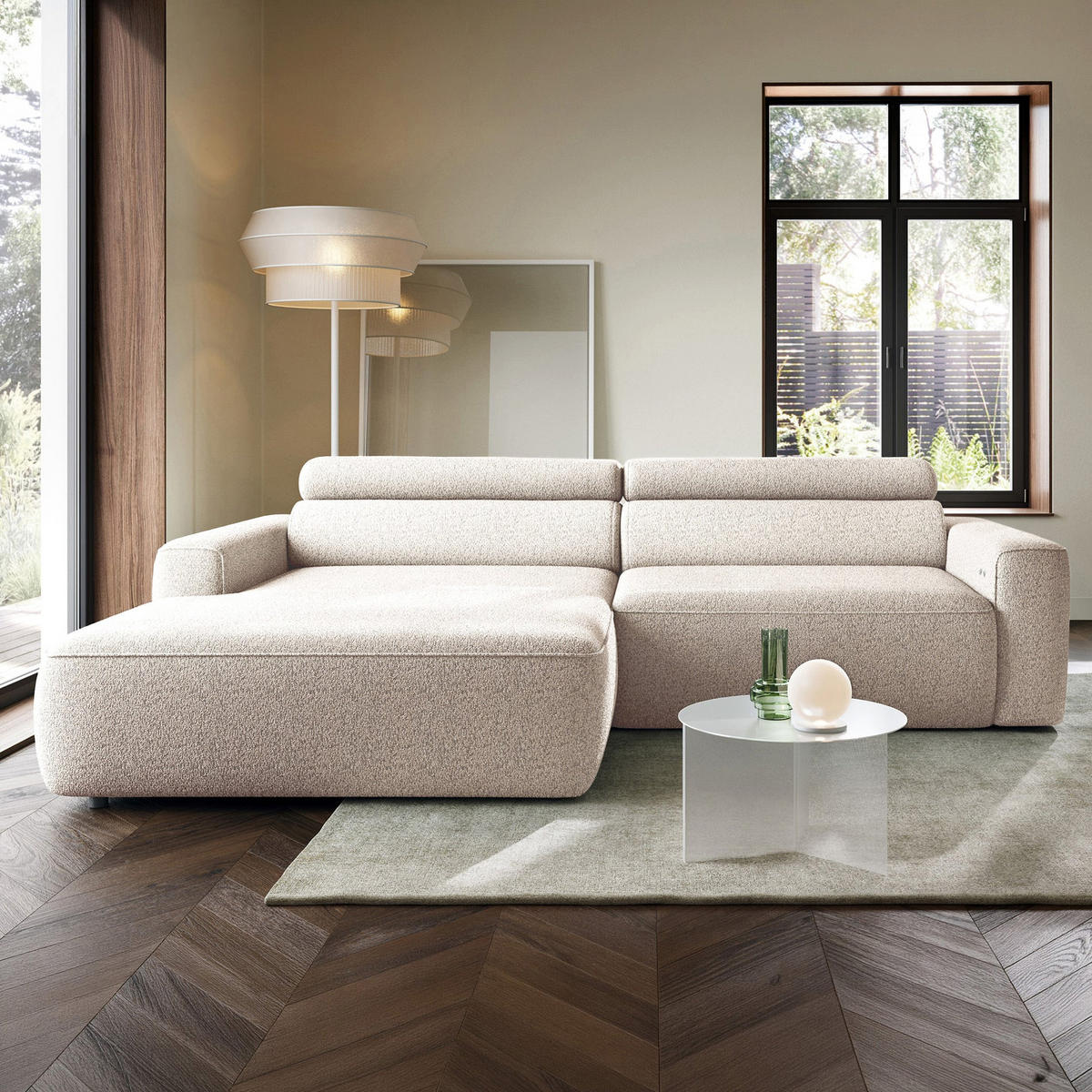 ECKSOFA Fando mit Schlaffunktion, L-Form, 4-Sitzer 252 cm, links Flechtstoff Hellbeige - Ecru/Schwarz, Holz/Kunststoff (252/182cm) - Selsey