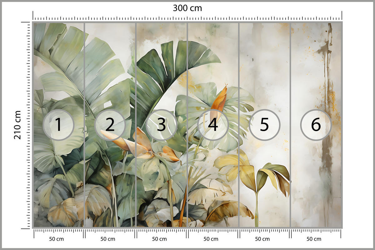 FOTOTAPETE für Wohnzimmer Exotische Blätter Abstrakt Pastell 300x210 - Gelb/Beige, Papier (300/210cm) - Muralo