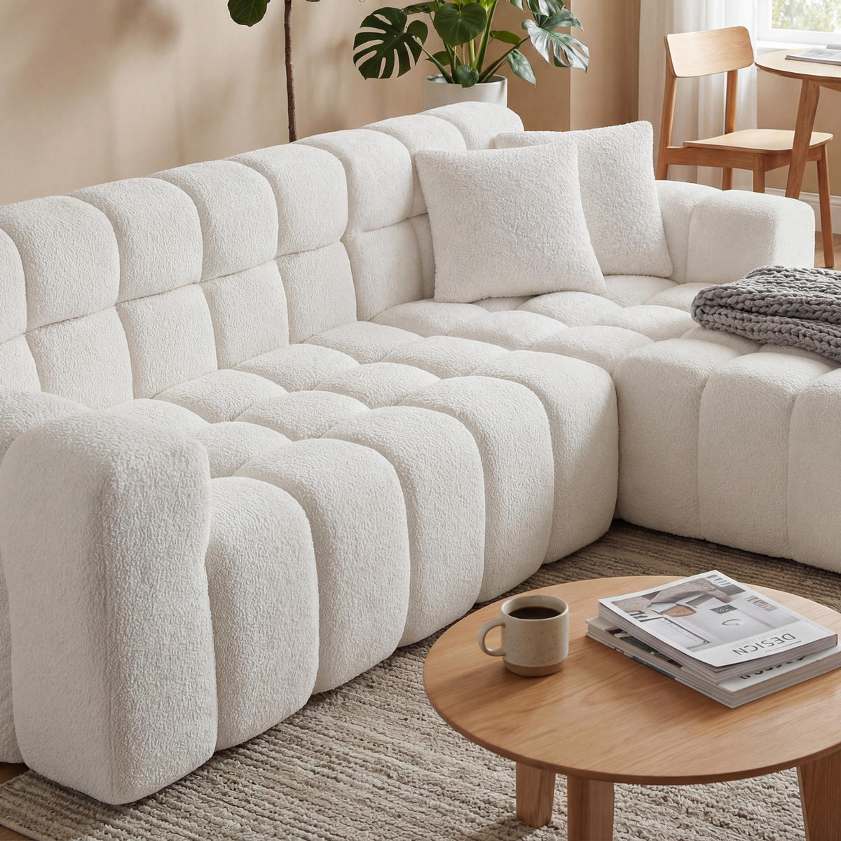 ECKSOFA 250/125/74 cm aus Samtstoff mit Moduldesign, Weiß - Weiß, Textil (125/250cm) - OKMYHOME