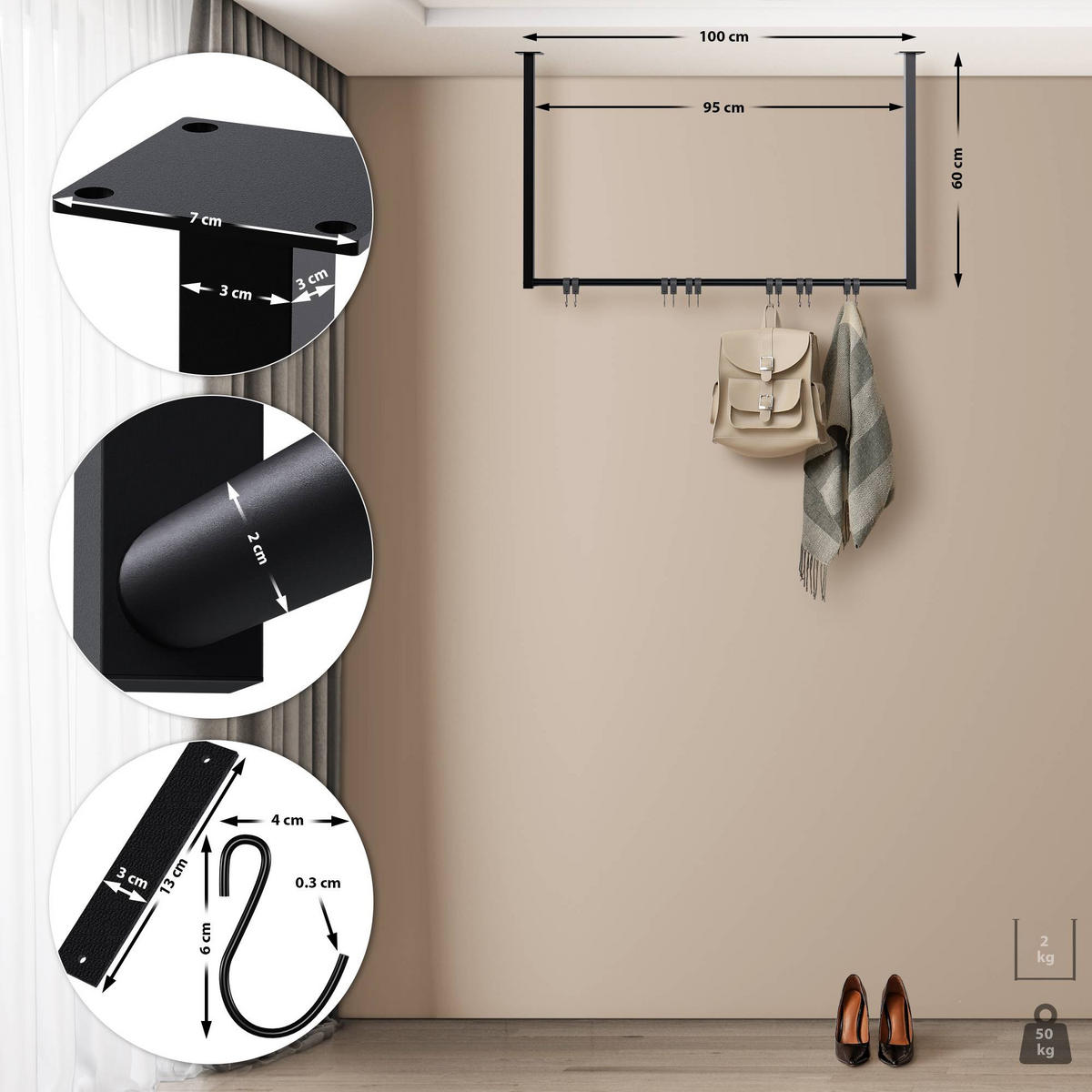 KLEIDERSTÄNDER 150x38x120-schwarz-Metall - Schwarz, Metall (100/60/7cm) - CLP