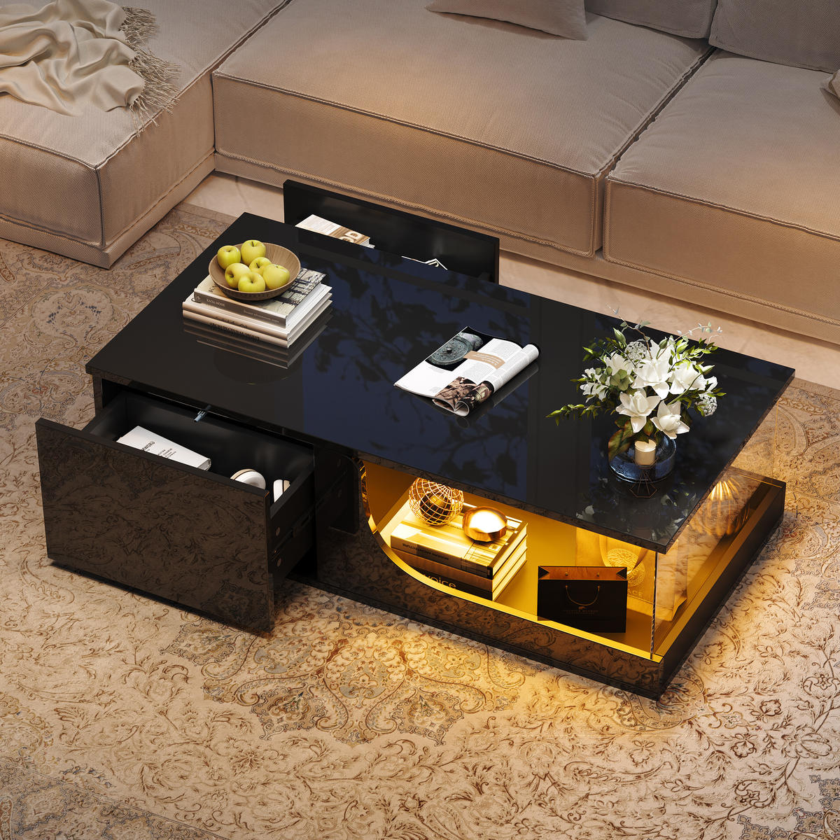 COUCHTISCH 100/50/30 cm schwarz mit 2 Schubladen und LED-Beleuchtung - Schwarz, Holzwerkstoff (100/50/30cm) - OKWISH