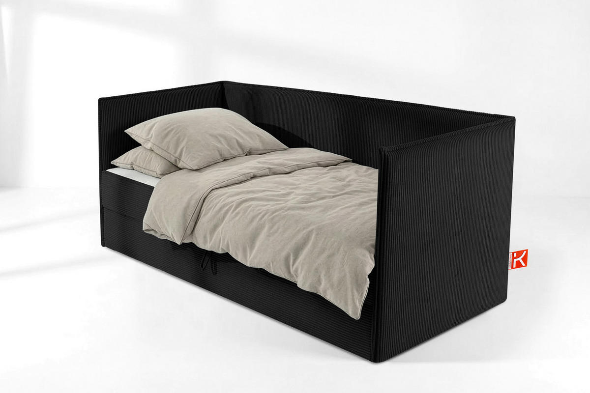 JUGENDBETT ROTI Einzelbett mit Bettkasten, 90x200cm, Bett mit Bonellmatratze, mit Rückenlehne - Schwarz, Holz/Holzwerkstoff (92/200cm) - KONSIMO®