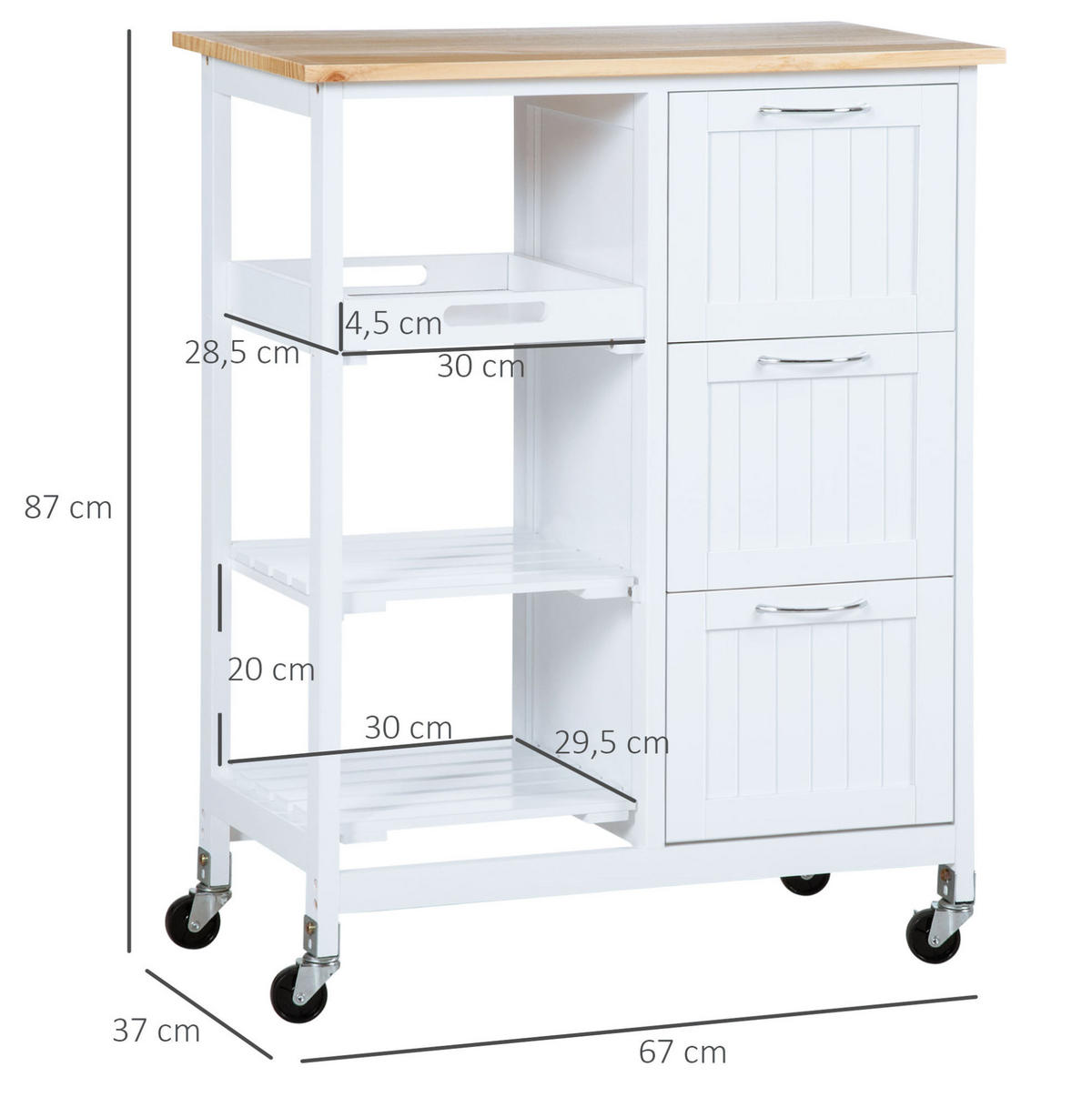 KÜCHENINSEL 67/37/84 cm aus MDF mit 3 Schubladen, herausnehmbarem Tablett und 4 Rollen, Weiß - Weiß, Holzwerkstoff (67/84/37cm) - Redom