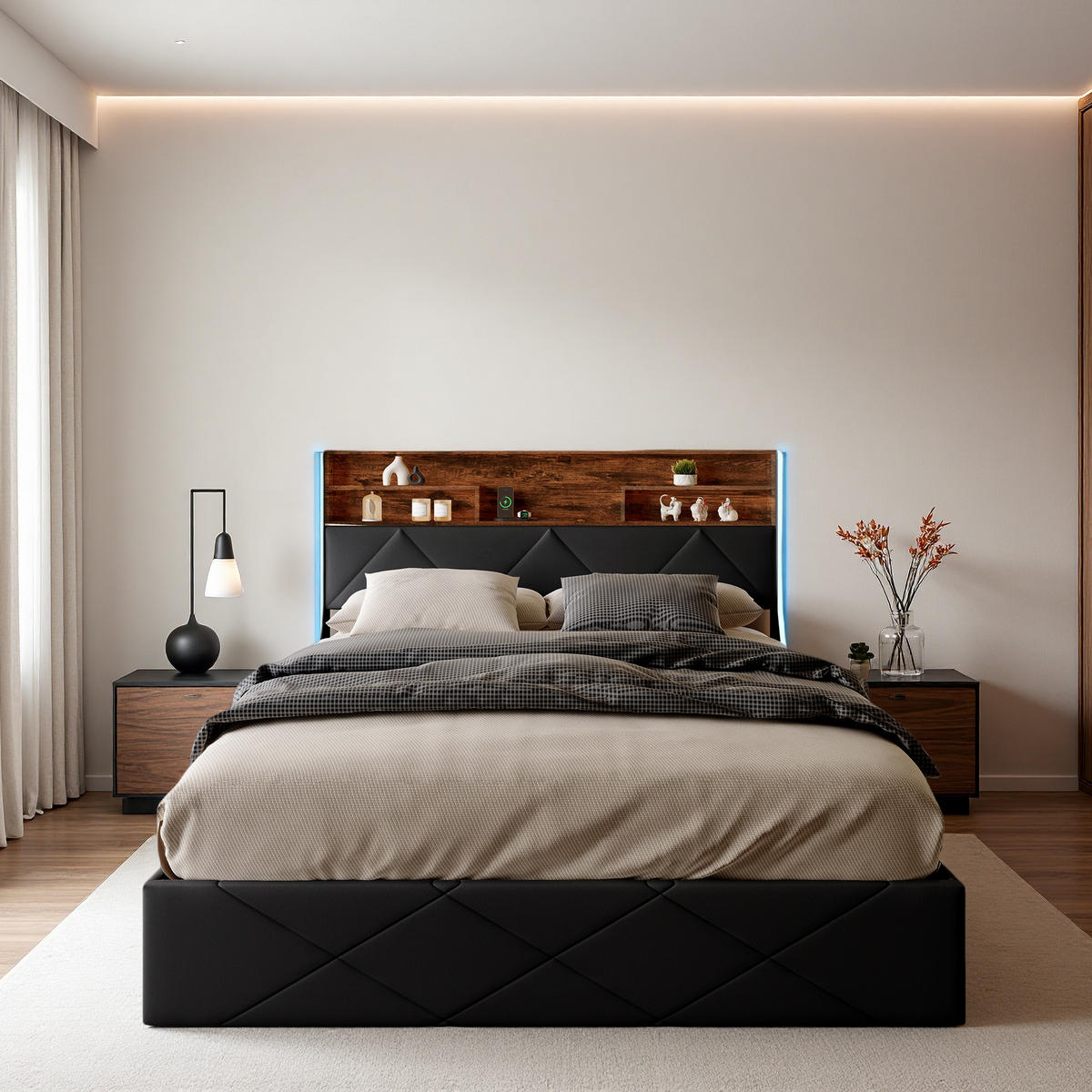 POLSTERBETT 140x200 cm Schwarz PU Leder LED USB Bettkasten - Schwarz, Holz (140/200cm) - SHOPENTRA