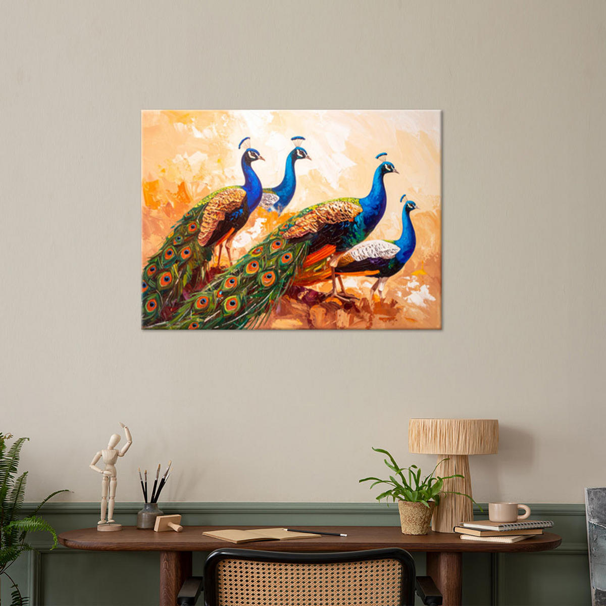 LEINWANDBILD Bunte Pfauen Vögel Farbeffekt 90x60cm - Beige, Textil (90/60cm) - Feeby