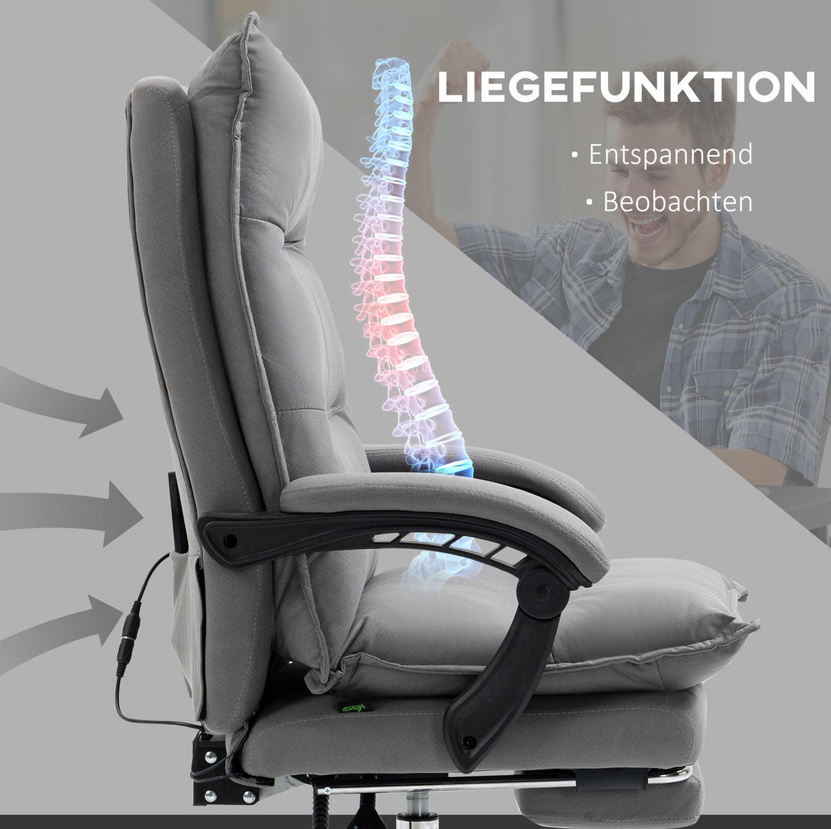 BÜROSTUHL mit Massagefunktion höhenverstellbar Grau - Grau, Kunststoff (74/121.5/66cm) - Meubliv