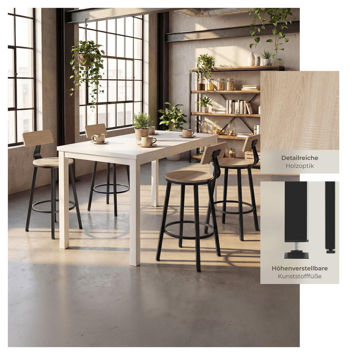 SET BARHOCKER Poole, Sitzhöhe 73 cm, Industrial Holz hell, Eiche Sonoma - Naturfarben, Holzwerkstoff/Textil (54/101.5/54cm) - tectake