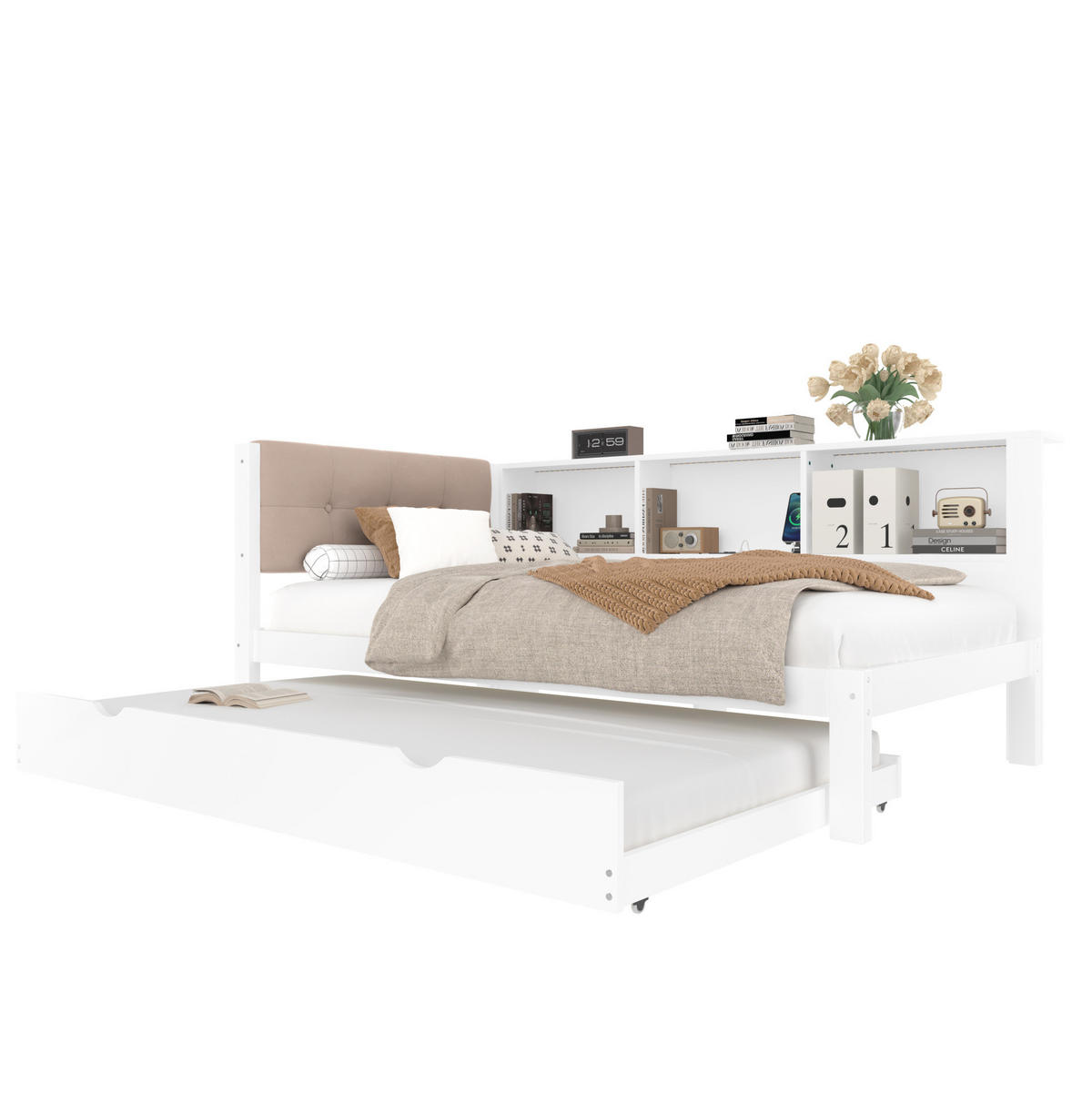 POLSTERBETT 90/200 cm in Weiß mit LED-Beleuchtung und USB-Anschluss - Weiß, Holz (90/200cm) - Flora Grace