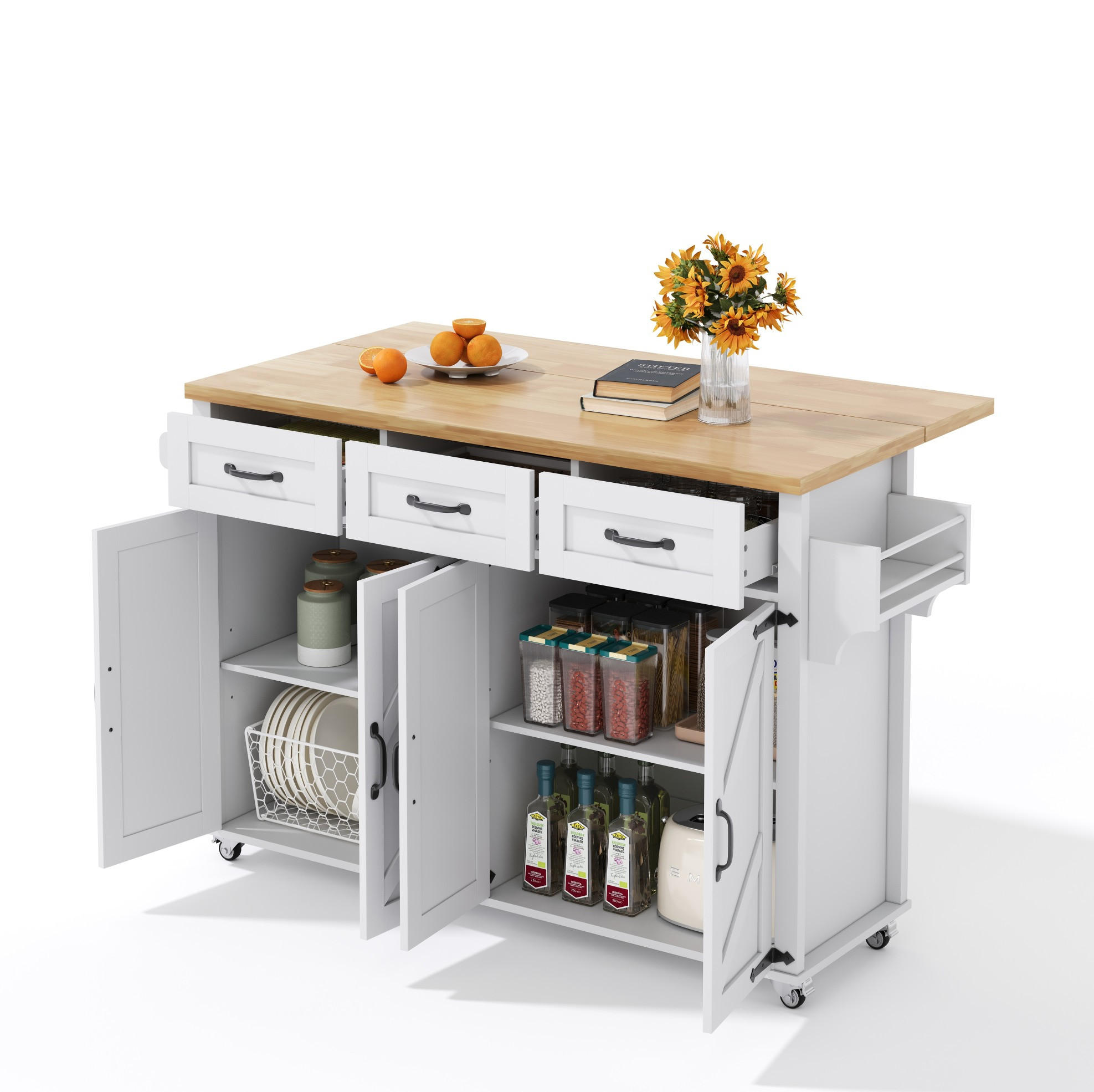 KÜCHENINSEL mit klappbarer Arbeitsplatte 140x43(70)x90,5 cm White/Natural - Weiß, Holz (70/90.5/140cm) - Beauniv