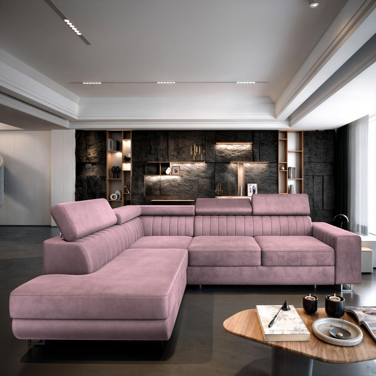 ECKSOFA NOLA L-S Lila Velours-Stoff mit Schlaffunktion - Lila, Holz (253/190cm) - MASSENO