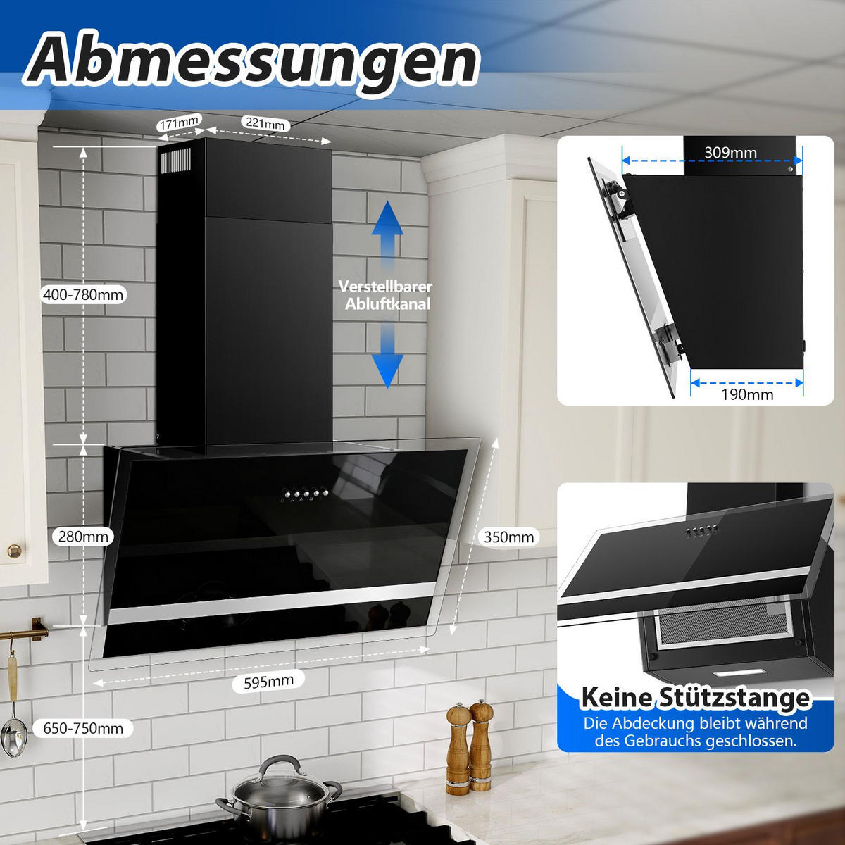 DUNSTABZUGSHAUBE Schwarz mit LED-Beleuchtung, Filter, Umluftfunktion - Schwarz, Metall (40.51/47.01/65.5cm) - Korfee