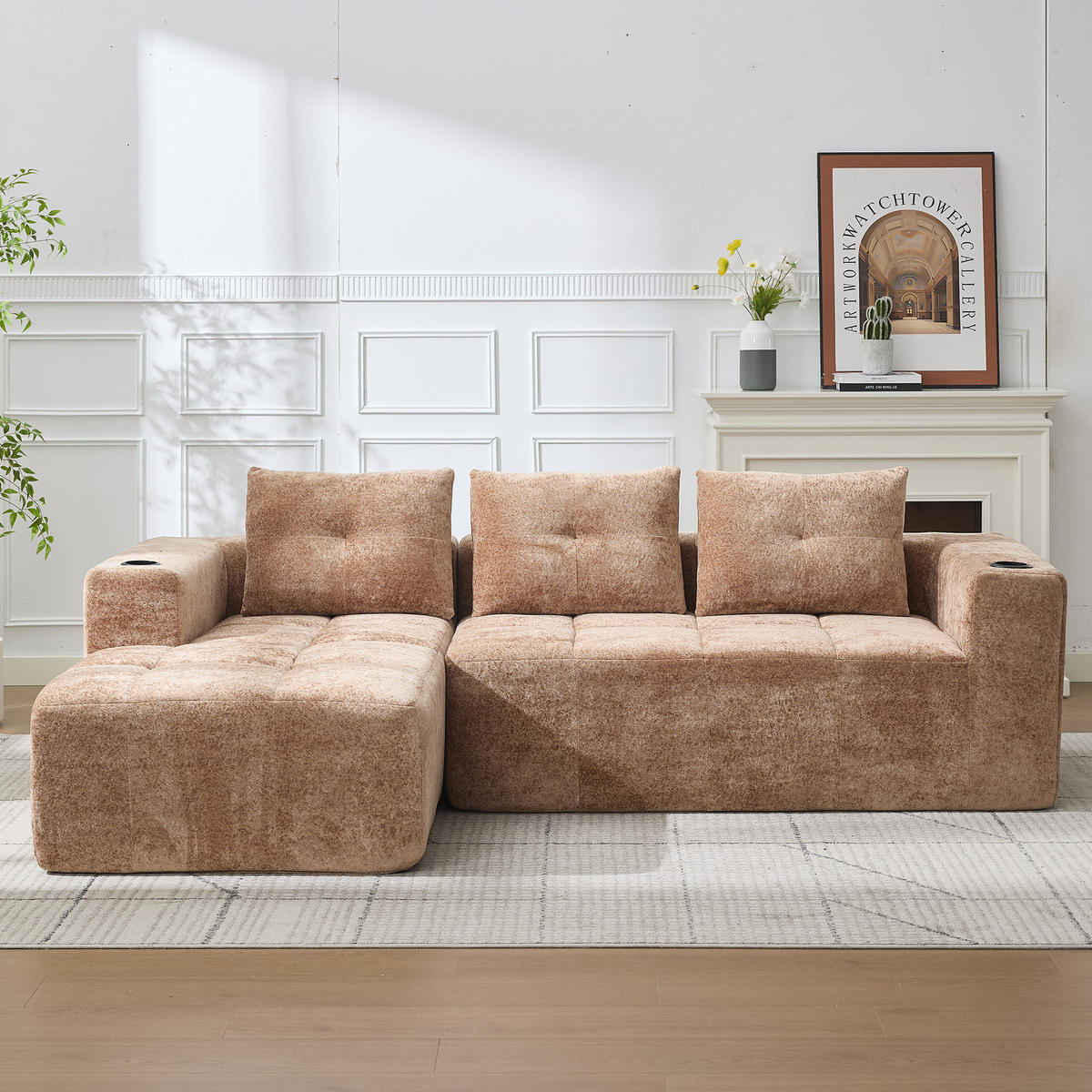 ECKSOFA 5-Sitzer Polyester Hellbraun mit Becherhaltern - Hellbraun, Textil (258/163cm) - WISHDOR