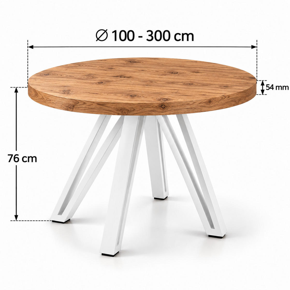 ESSTISCH rund ausziehbar 100/300/76 cm, Eiche Craft, 54 cm Tischplatte + Industrial Metallgestell Weiß - Eichefarben/Weiß, Holzwerkstoff/Metall (100/300/76cm) - Damale Möbel