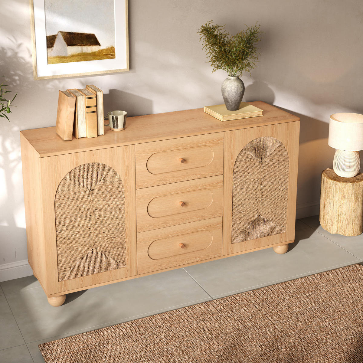 SIDEBOARD Seilgeflecht Türen 3 Schubladen Kieferfüße Modern - Naturfarben, Holzwerkstoff (140/80/40cm) - FLIEKS