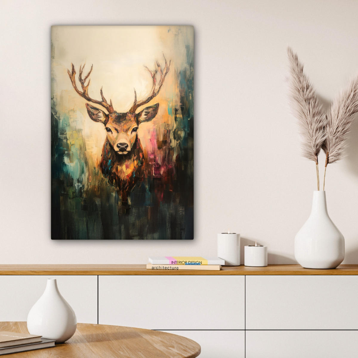 LEINWANDBILD Hirsch - Gemalt - Geweih - Braun 60x90 cm - Haselnussfarben, Textil (60/90cm) - MuchoWow