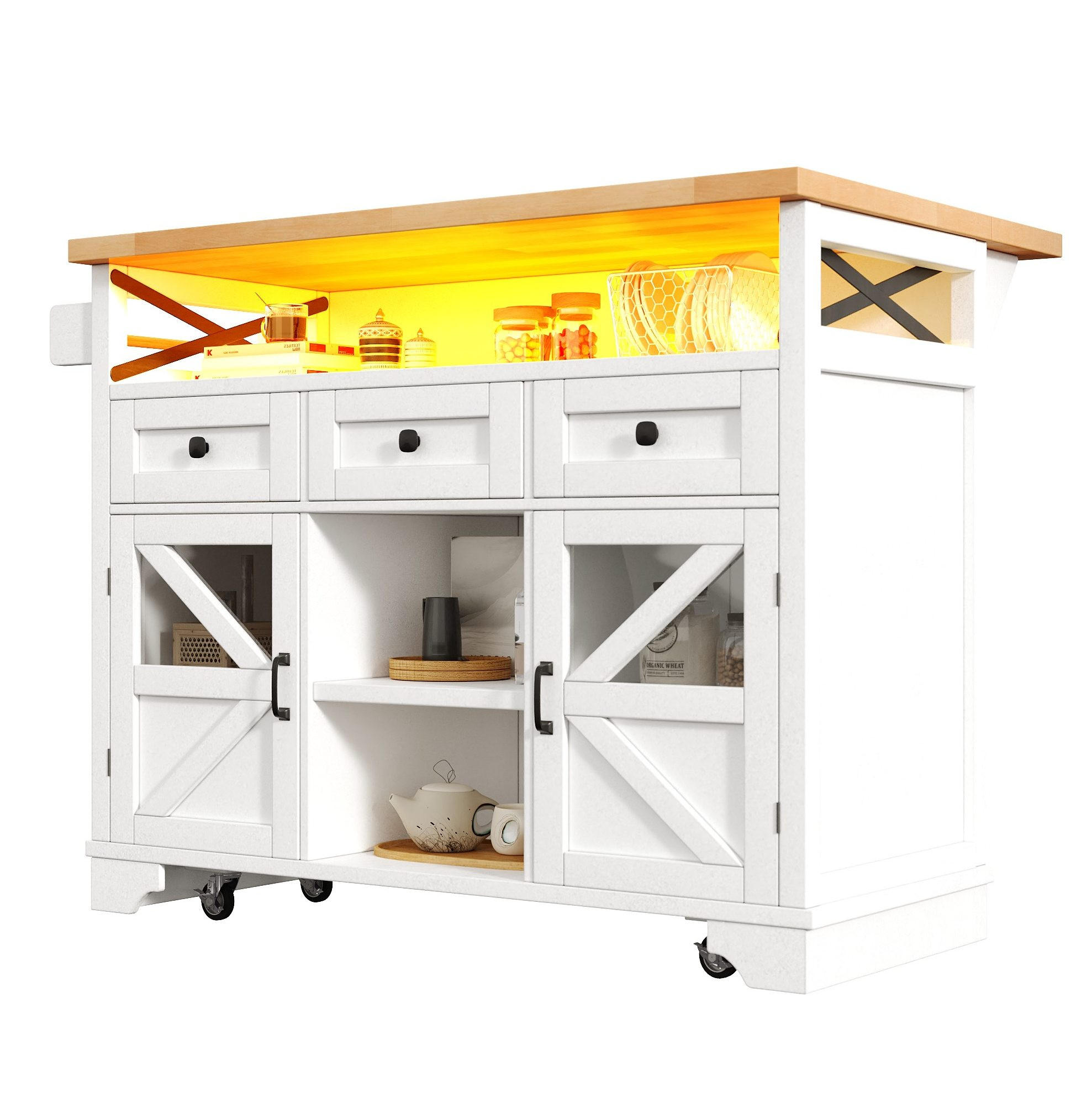 KÜCHENWAGEN mit Klapptisch, LED und Stauraum 120 cm Weiß - Weiß, Holz (71/98/120cm) - Beauniv