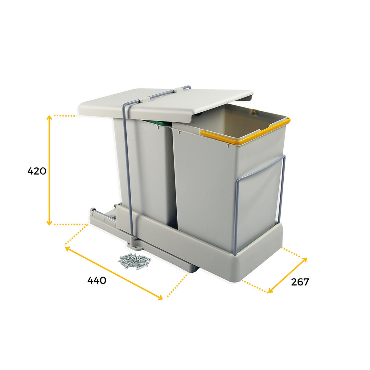 RECYCLINGBEHÄLTER zur Bodenmontage und automatischen Entnahme in der Küchenzeile, 2x14Liter, Kunststoff Grau - Grau, Kunststoff (26.5/46/41cm) - EMUCA