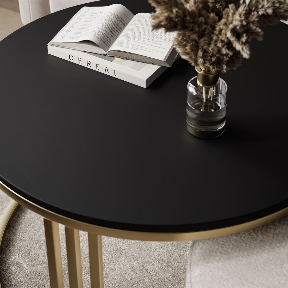 COUCHTISCH mit Hocker LORI MAT gebürstetes Gold/schwarz matt/Perfect Harmony 01 - Schwarz, Metall (70/70/49cm) - Lookway