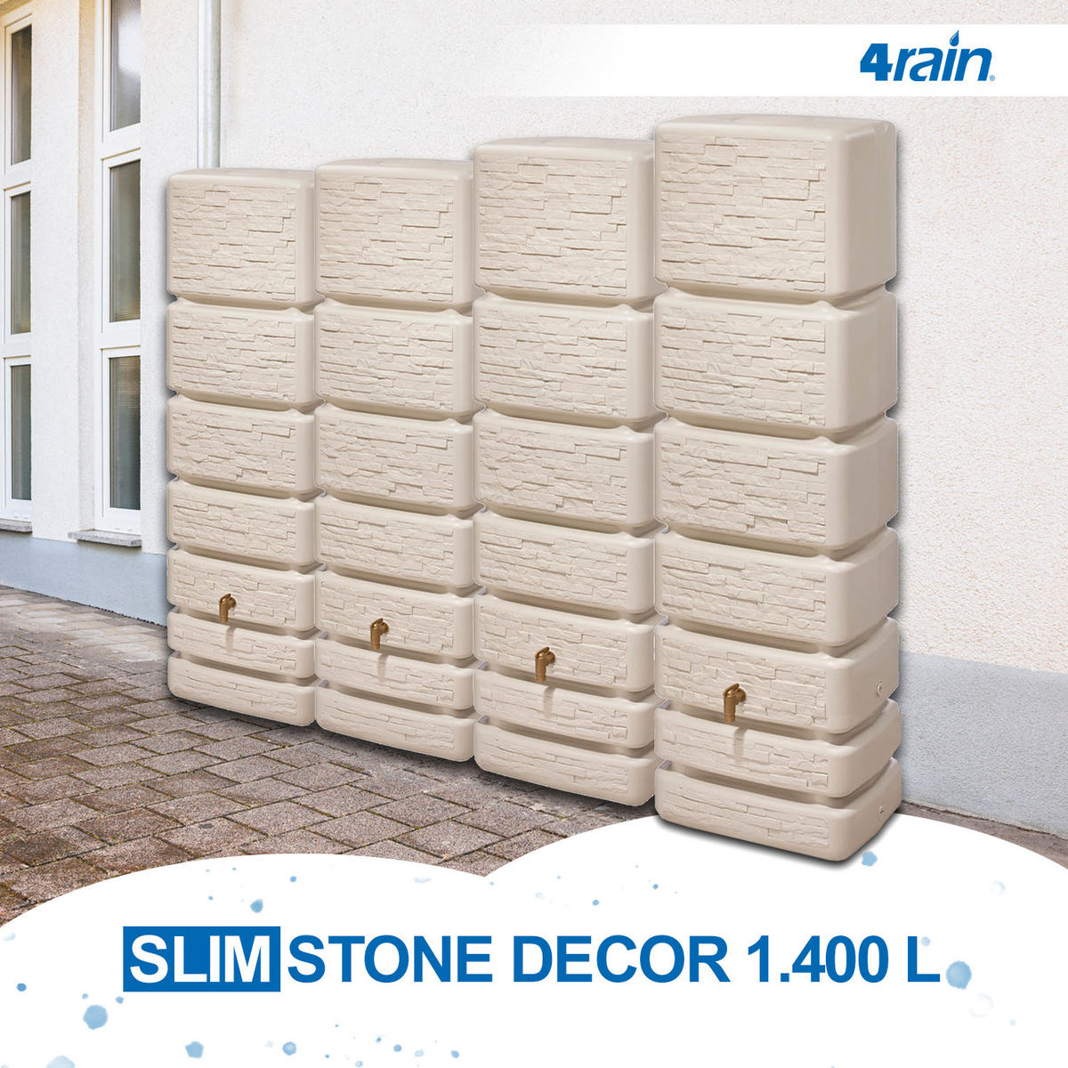 WANDTANK Komplett-Set 1400 L sandbeige 4 x 350 L inkl. Verbindungsset, Kunststoff-Auslaufhahn und Fallrohranschluss - Beige, Kunststoff (270/184/39cm) - 4rain