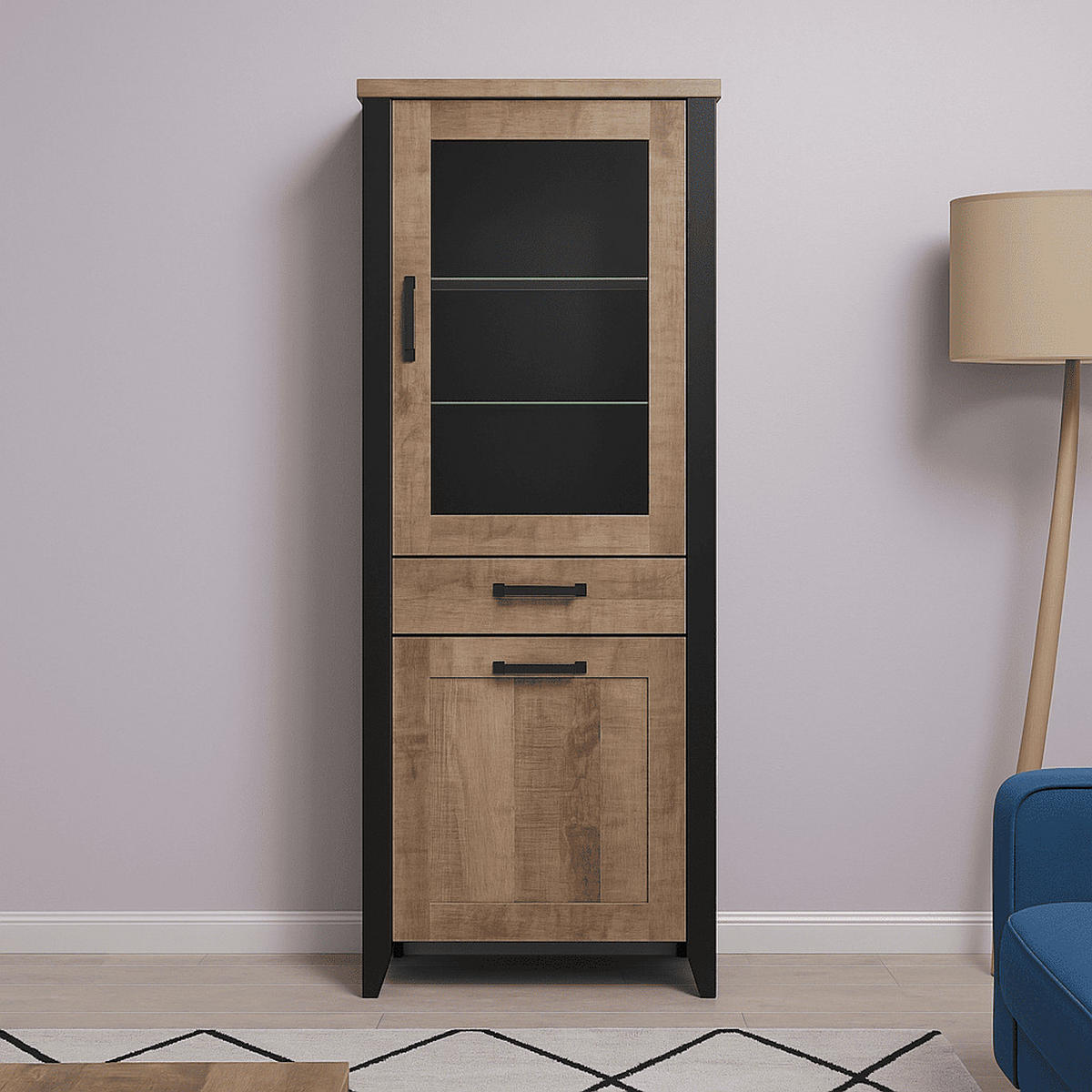 VITRINE mit 2 türen, davon 1 mit gehärtetem glas, und 1 schublade - emile 70/45/195 cm - Eichefarben, Holzwerkstoff (70/70/195cm) - ebuy24