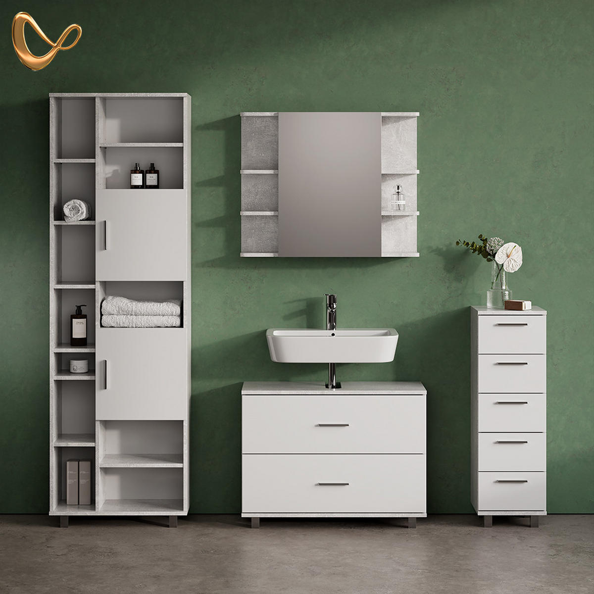 BADMÖBEL-SET Eisak Beton/Weiß 4 Teile, mit Hochschrank - Weiß/Grau, Holzwerkstoff (80/60/33cm) - Livinity®