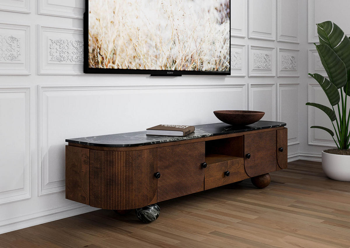TV-BOARD Mango 200x40x50 dunkelbraun lackiert / Marmor schwarz FLORENZ #201 - Dunkelbraun, Holz (200/50/40cm) - Massivmoebel24