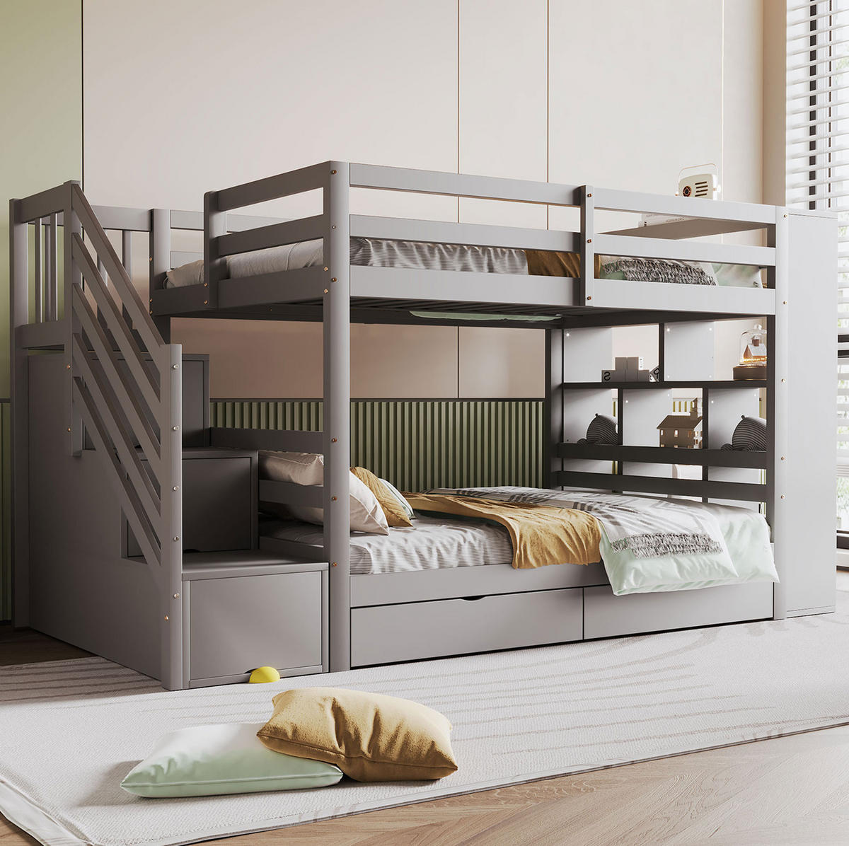 ETAGENBETT 90/200 cm Grau mit Stauraum und Sicherheitstreppe - Grau, Holz (90/200cm) - Flora Grace