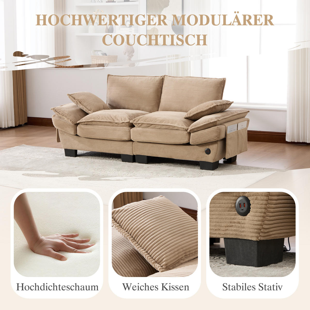 2-SITZER SOFA Cord Khaki mit USB-C und Seitentaschen - Hellbraun, Holzwerkstoff/Kunststoff (190/84/73cm) - WISHDOR