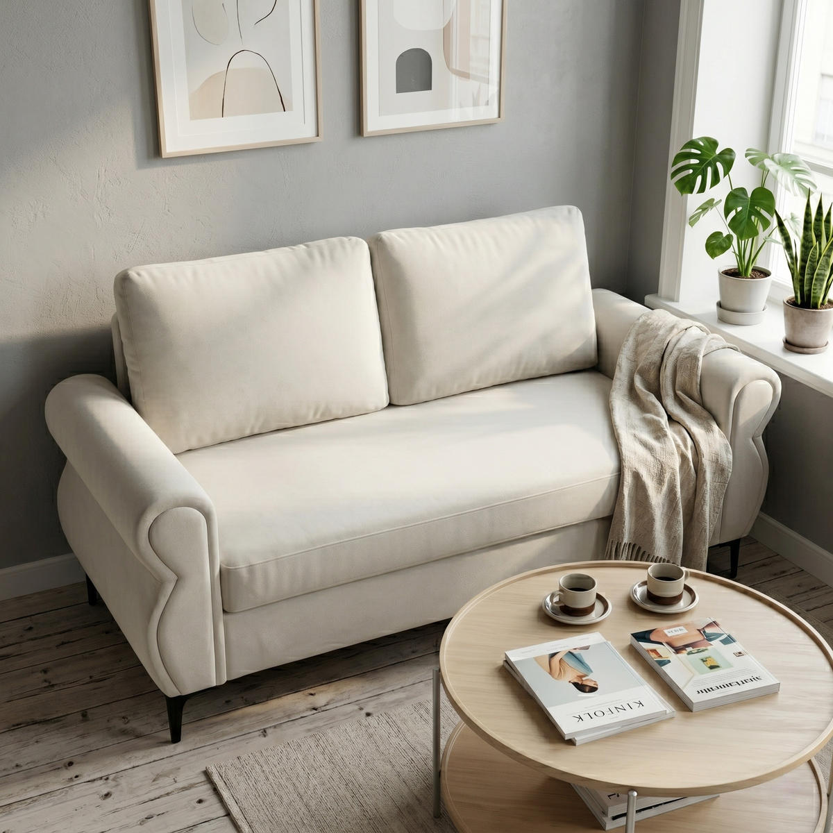 2-SITZER SOFA Polyester Cremeweiß mit Metallfüßen - Creme, Holzwerkstoff/Textil (173.5/92/81cm) - WISHDOR