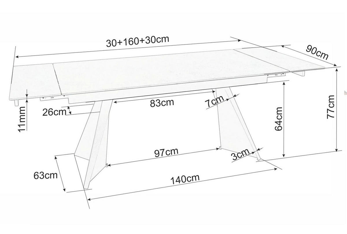 ESSTISCH Laconi Weiß Marmor / Schwarz Matt 160-220 / 90 / 75cm - Schwarz/Weiß, Holz/Keramik (90/220/75cm) - Feldmann-Wohnen