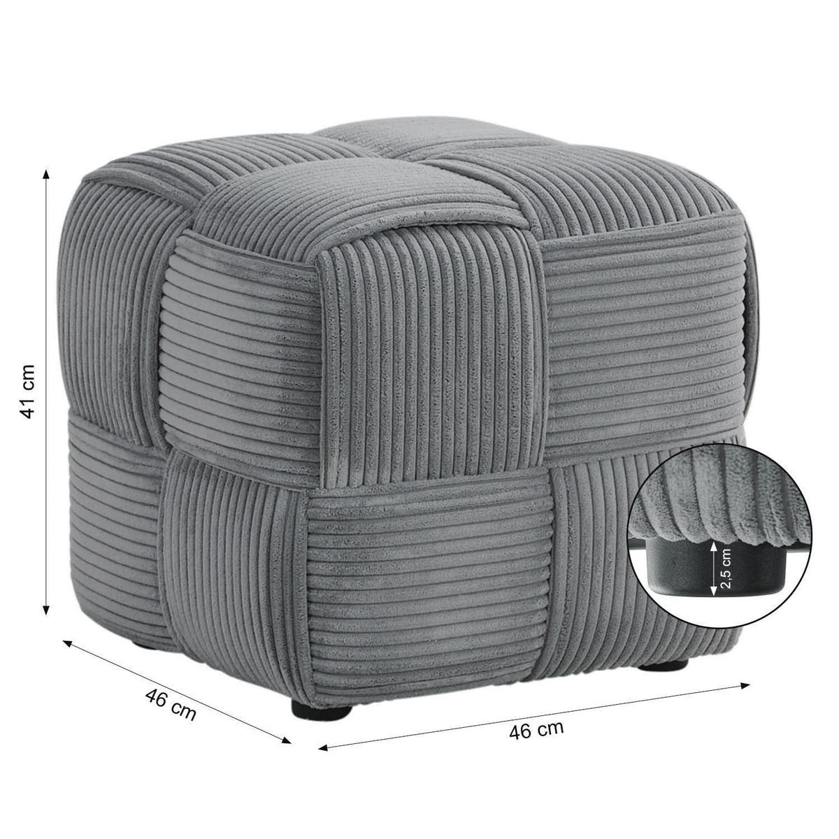 HOCKER in Cord 46/41/46 cm in Grau - Grau, Textil (46/41/46cm) - Homestyle4u