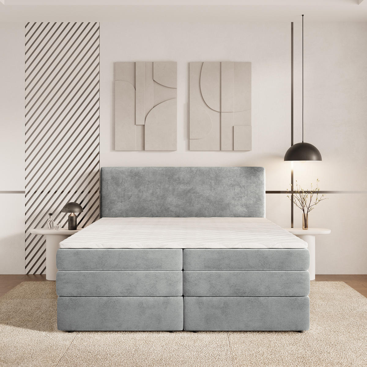 BOXSPRINGBETT MATERN 140x200 cm mit Matratze und Topper - Hellgrau - Hellgrau, Holz (140/200cm) - MASSENO