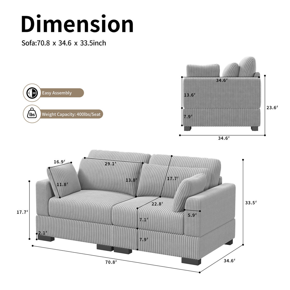 SOFA Modern Mit Streifenmuster Grau 180x87x85 Cm Komfortabel & Robust - Grau, Holz (87/85/180cm)