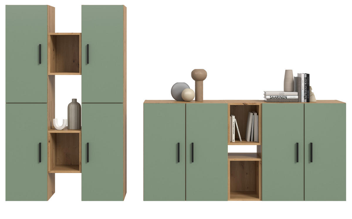 WOHNWAND grün, Eiche Artisan 259 x 184 cm, Wohnkombination hängend / stehend - Schwarz/Eiche Artisan, Holzwerkstoff/Kunststoff (259/151/34cm) - Inn.Furn