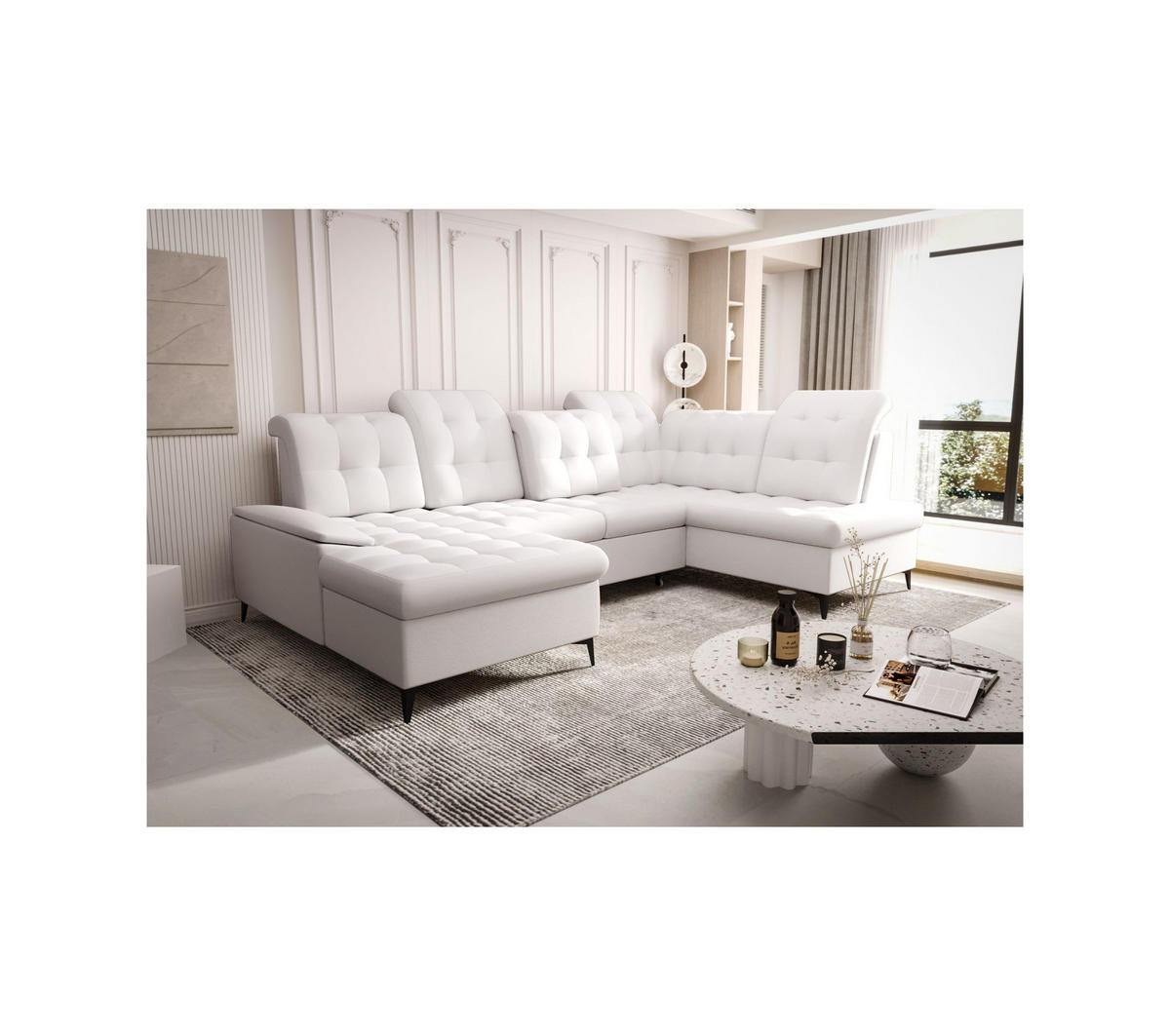 WOHNLANDSCHAFT KONGO RBN17, Eckcouch in U-Form mit Schlaffunktion, Farbe: Weiß, Kunstleder, Ottomane Links - Weiß, Textil (343/107/210cm) - O-Sofa