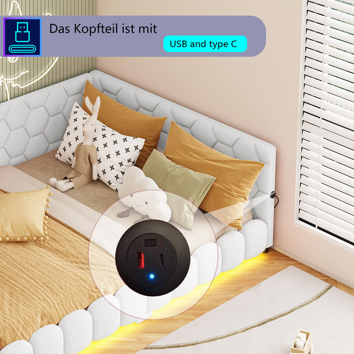 POLSTERBETT 140x200 cm aus Lammwolle, umlaufende RGB-LED, USB-Anschluss, in Weiß - Weiß, Holz (140/200cm) - BRILVERDE