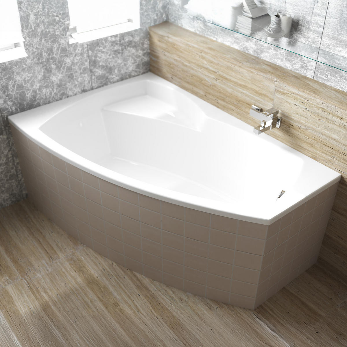 BADEWANNE Eckwanne FRIDA 140/90 Links mit Styro Ablauf Füße - Weiß, Kunststoff (90/59/140cm) - bad land