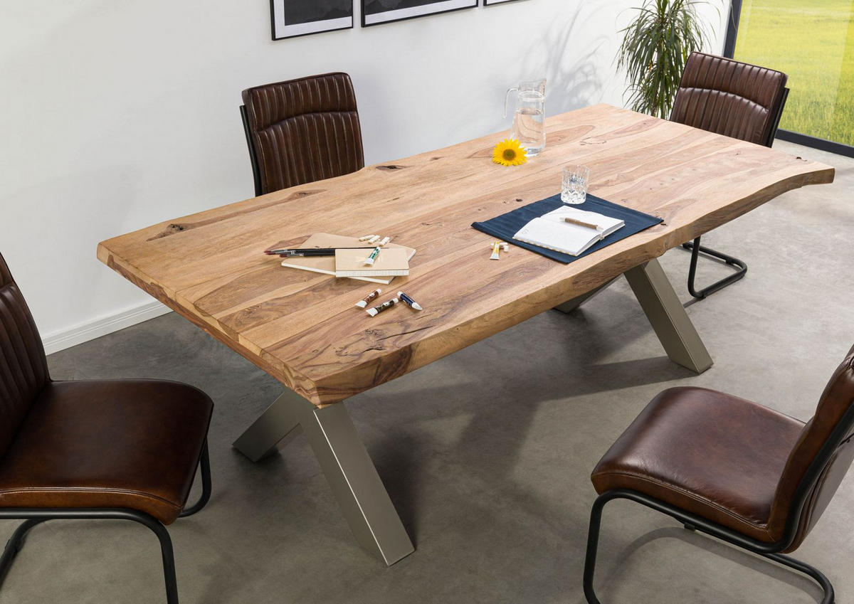 BAUMTISCH Sheesham 220x100x77 natur sandgestrahlt / X-Beine silber matt FREEFORM 5 - Silberfarben/Naturfarben, Holz (220/100/77cm) - Massivmoebel24