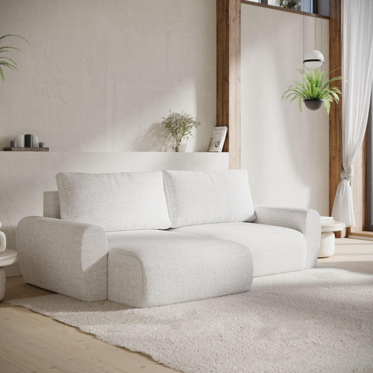 ECKSOFA OMARI mit Schlaffunktion Creme im Neve Stoff - Creme/Schwarz, Holz/Holzwerkstoff (253/153cm) - AltaBeds