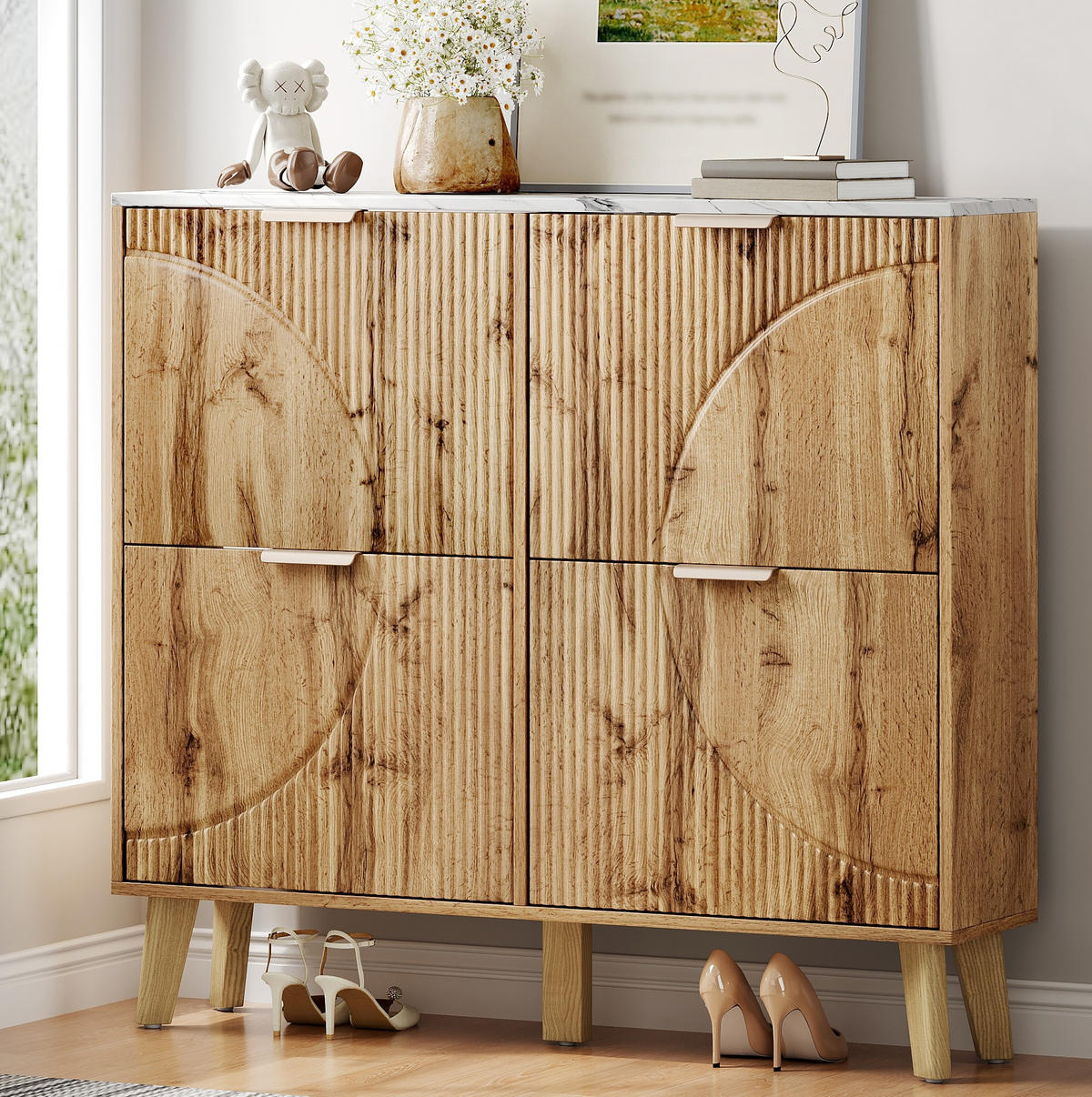 SCHUHSCHRANK 105/24/95,5 cm mit 4 Klapptüren, MDF in Holzoptik mit Platte in Marmoroptik, Natur - Naturfarben, Holzwerkstoff (105/95.5/24cm) - Redom