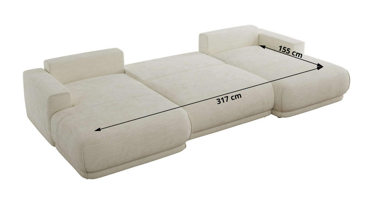 WOHNLANDSCHAFT RINA U Creme Schenille glatt - Creme/Schwarz, Kunststoff/Textil (360/85/170cm) - MKS