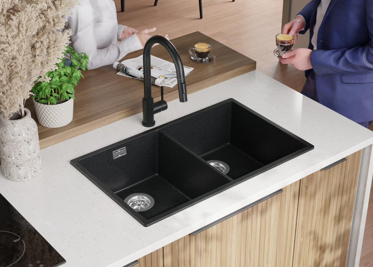 SPÜLBECKEN London Slim Twin, 2-er set Anthrazit 76/47 cm 2 Becken + Ablauf-Set ab 80er Unterschrank - Chromfarben/Anthrazit, Kunststoff (76/20/47cm) - Primagran