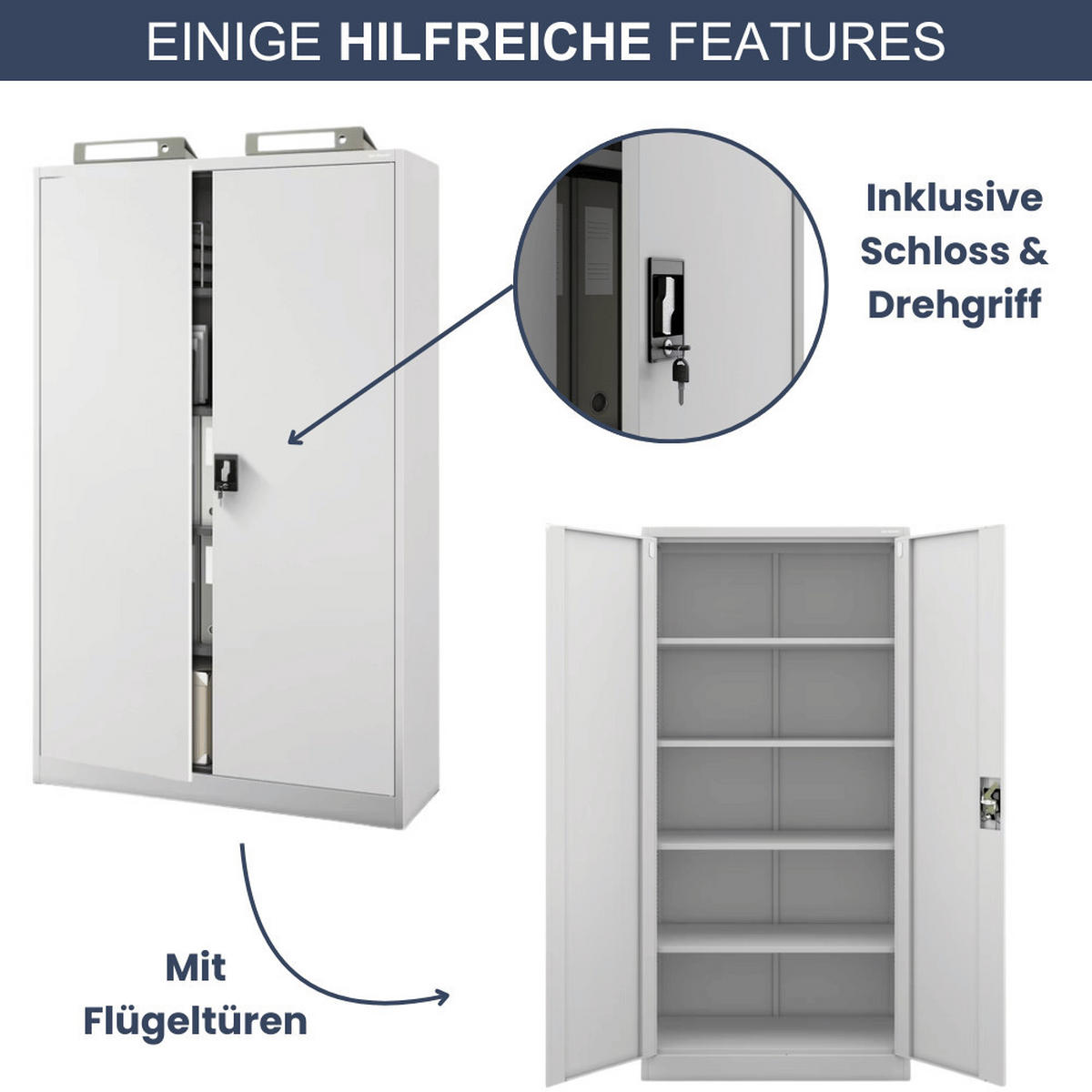 AKTENSCHRANK abschließbar KADO mit Flügeltüren 185x115x40cm Grau - Grau, Metall (115/185/40cm) - DELUKE
