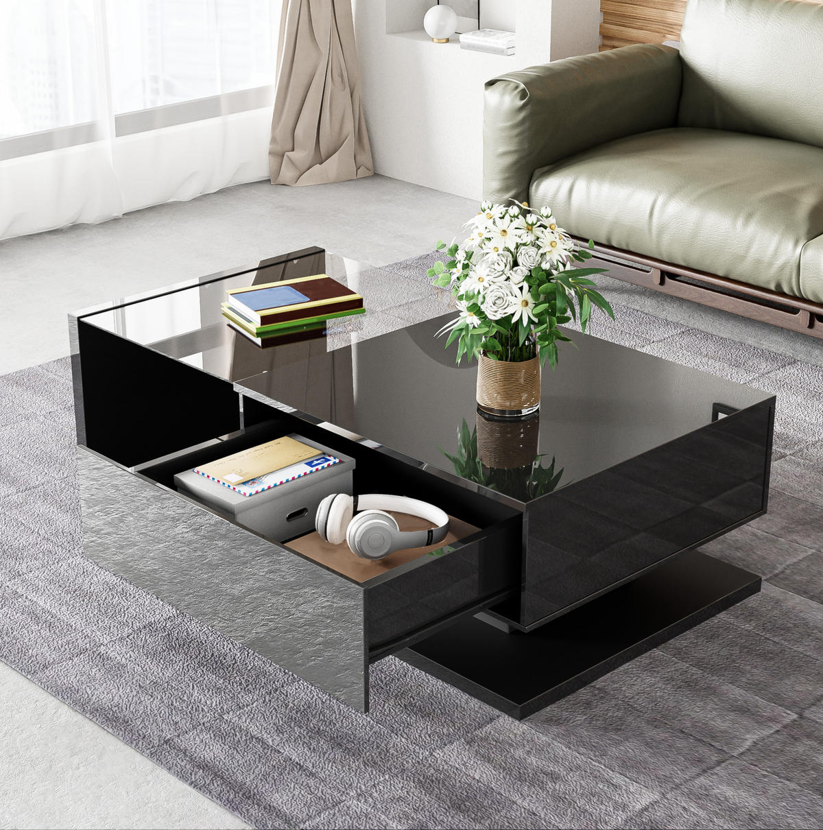 COUCHTISCH, hochglänzend Schwarz mit gehärteter Glasplatte und dimmbarer 16‑farbiger LED, 105/55/32,5 cm,Schwarz - Schwarz, Holzwerkstoff (105/55/32.5cm) - Redom